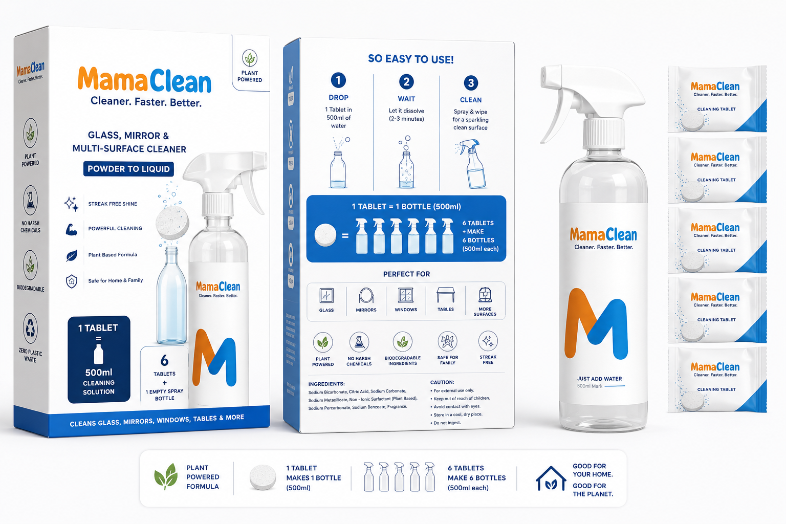 Mama Clean Powertab Tablet to liquid Glass mirror, window table cleaner tablets for streak free cleaning pack of 6